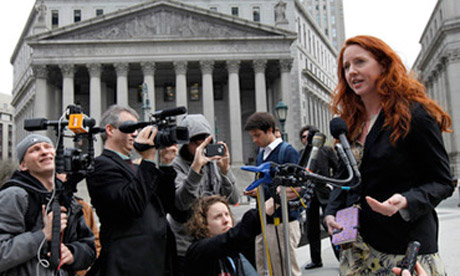 Activist and reporter Tangerine Bolen, a plaintiff in the case against the NDAA, speaking to the media after a New York judge enjoined section 2012 of the law. Photograph via Fromthetrenchesworldreport